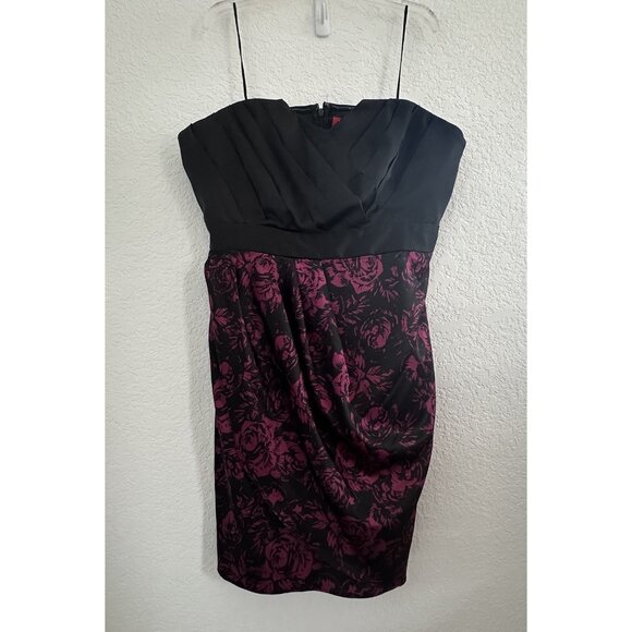 NWT Elle Strapless Cocktail Party Mini Dress Size 16 Black Satin Dark Floral Y2K - Picture 1 of 14